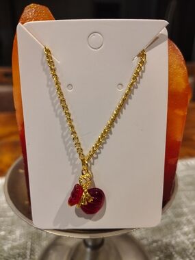 Gold Chain Necklace with Red Glass Charm - Women's Jewelry